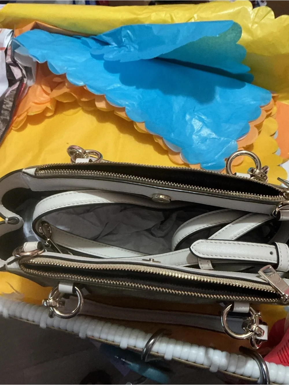 Coach Beige Signature Satchel with White Trim and Pink Accents